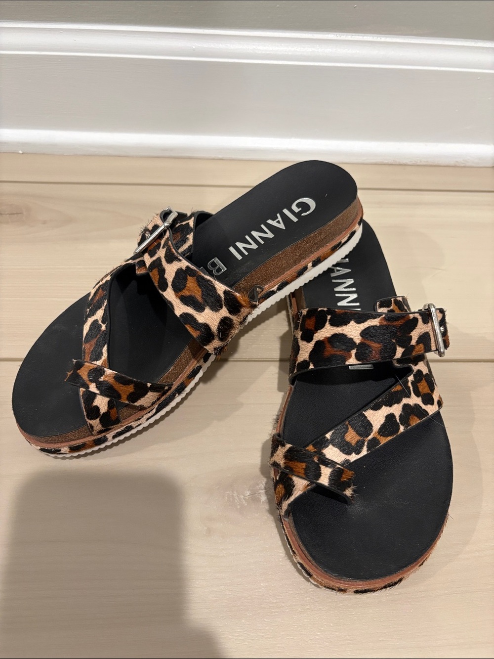 Gianni Bini Leopard Print Buckle Slide Sandals - Black & Brown